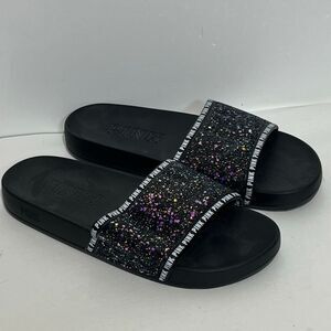 Victoria's Secret PINK Women's Black Purple Glitter Bling Slide Sandal Size 7-8